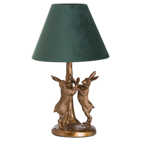 Antique Gold Marching Hares Lamp With Green Velvet Shade - Eudemonia Home Goods