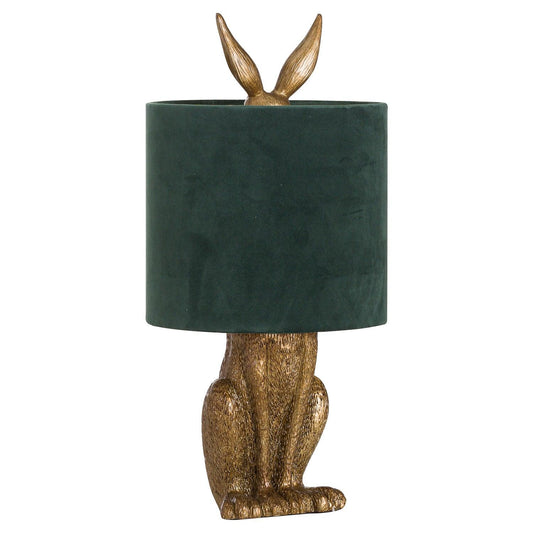 Antique Gold Hare Table Lamp With Green Velvet Shade - Eudemonia Home Goods