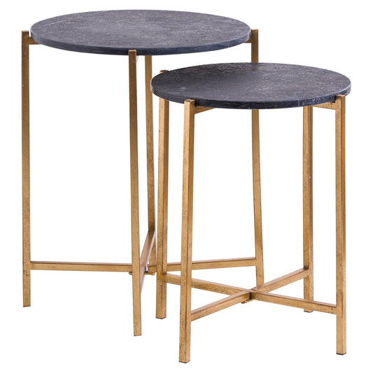 Set Of 2 Gold And Black Marble Tables - Eudemonia Home Goods