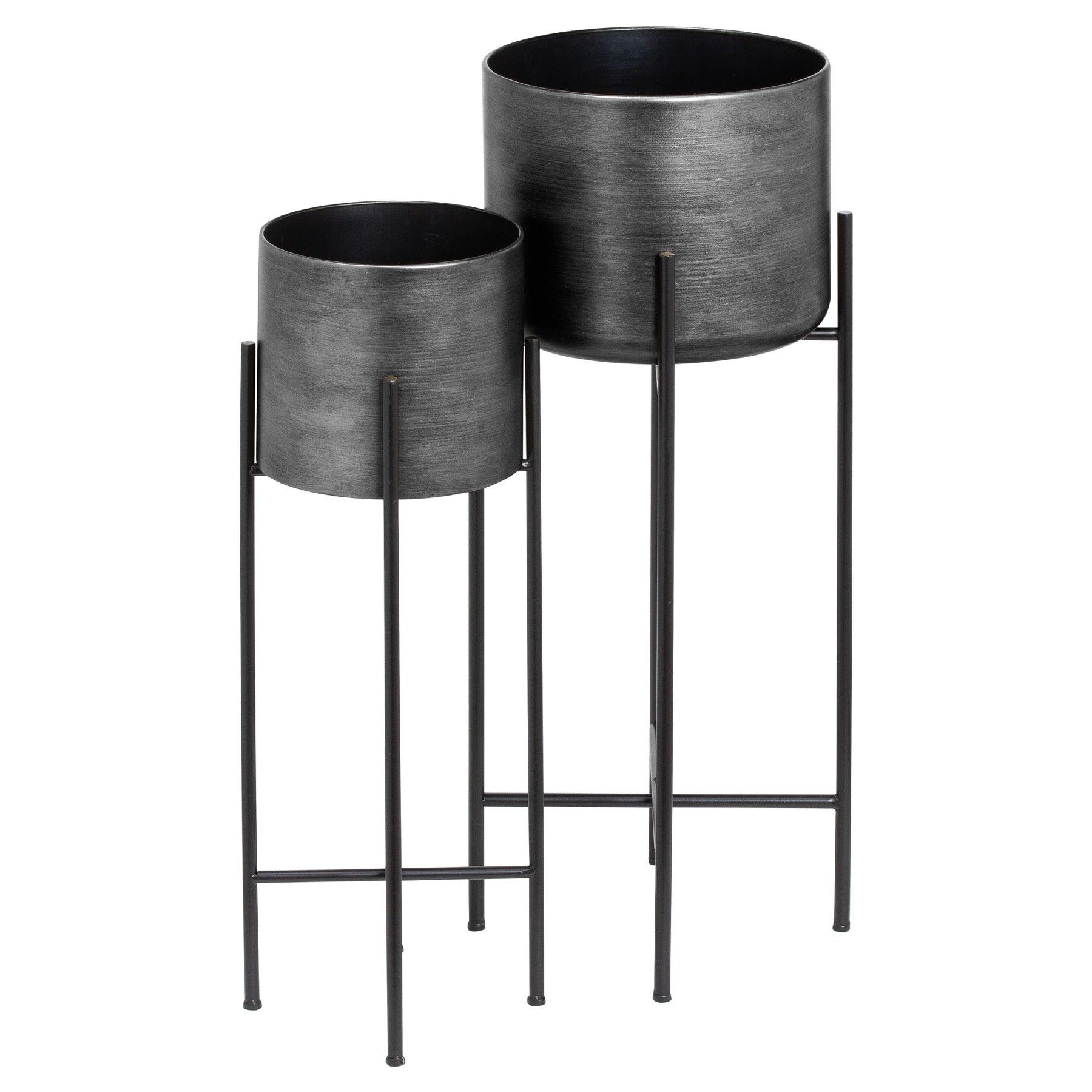 Set Of Two Grey Metallic Planters On Stand - Eudemonia Home Goods