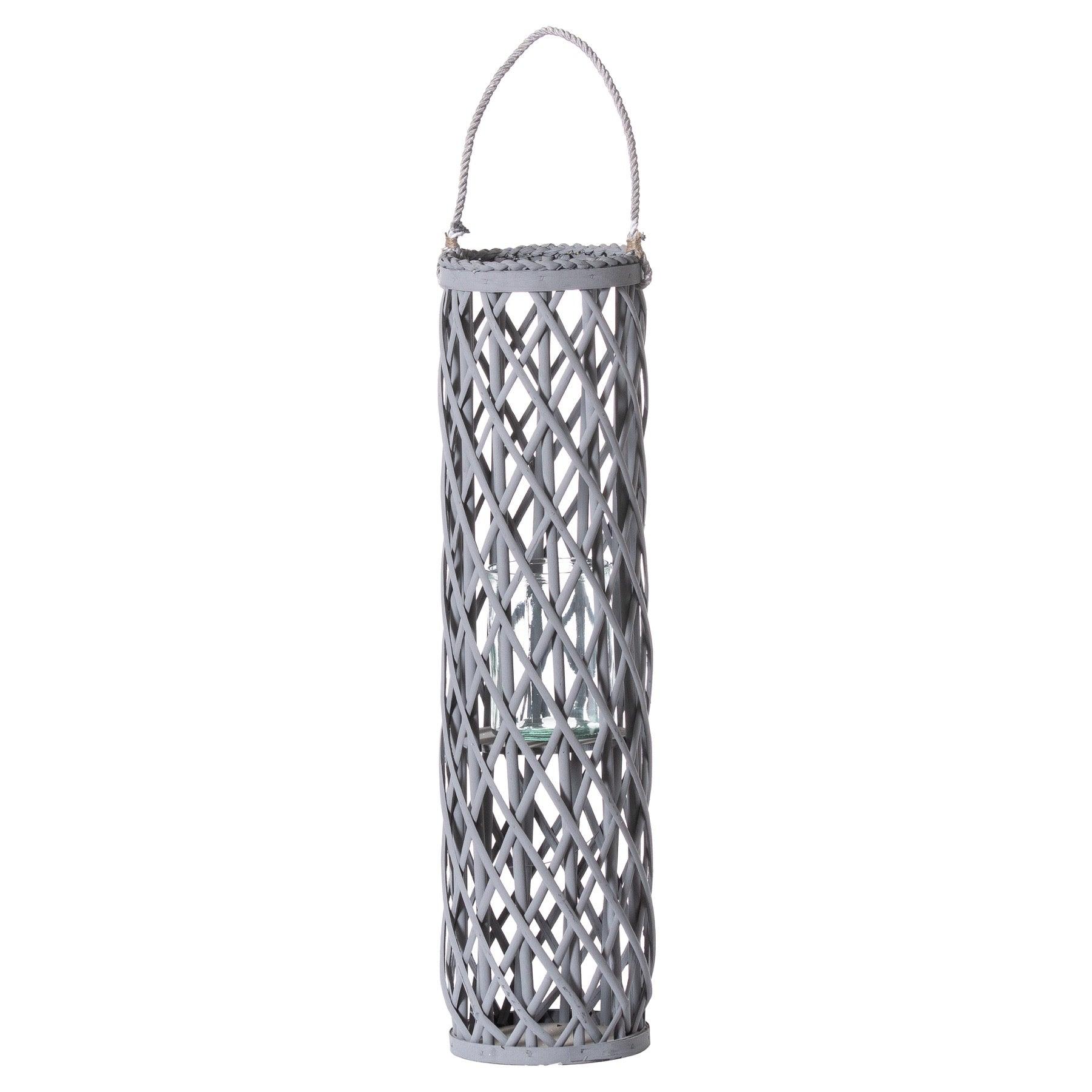 Large Grey Wicker Lantern With Glass Hurricane - Eudemonia Home Goods