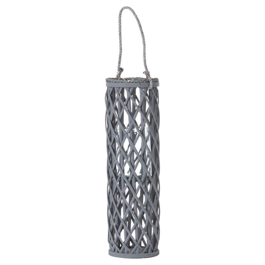 Medium Grey Wicker Lantern With Glass Hurricane - Eudemonia Home Goods