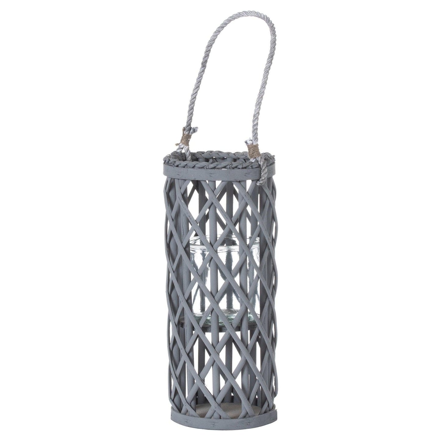 Small Grey Wicker Lantern With Glass Hurricane - Eudemonia Home Goods