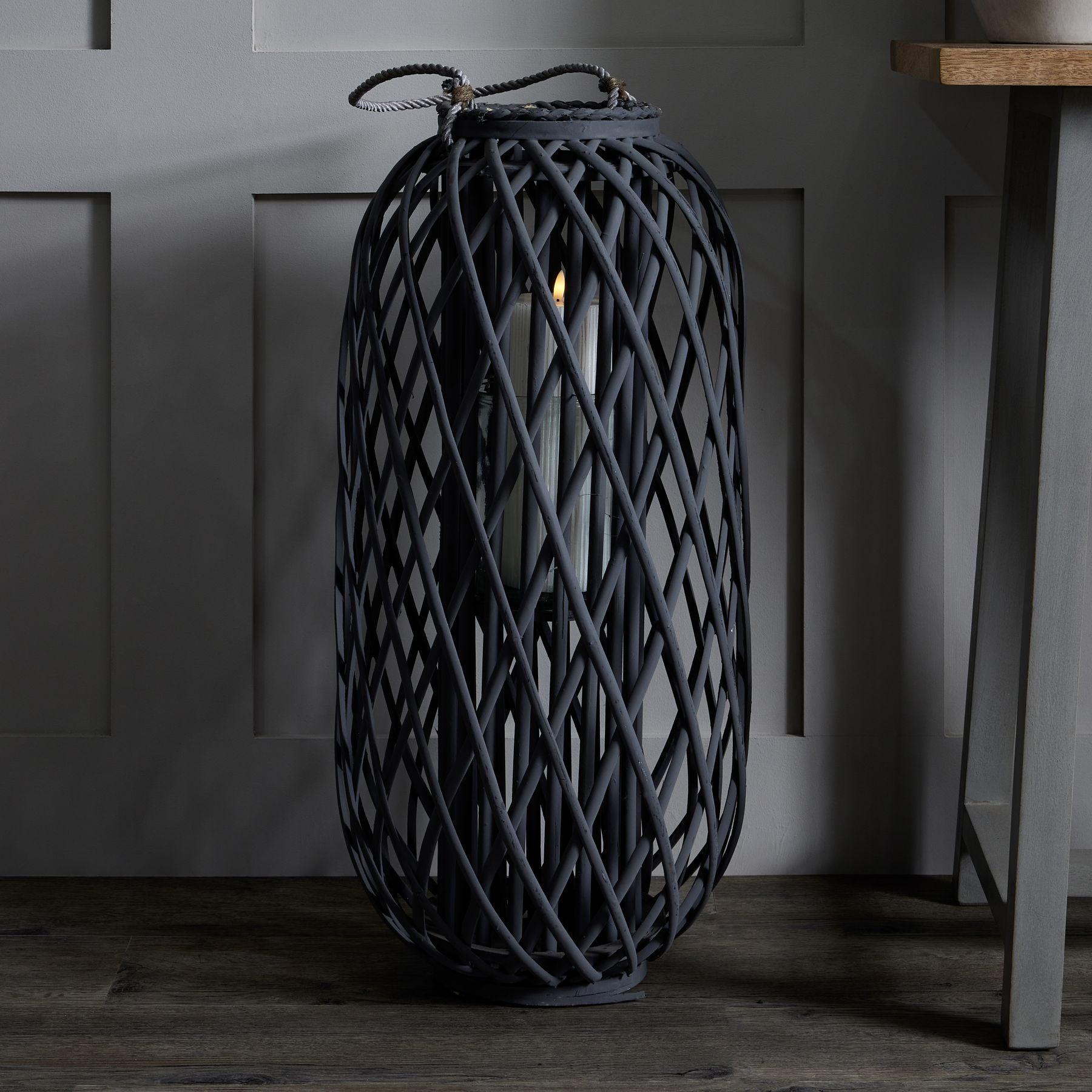 Large Grey Standing Wicker Lantern - Eudemonia Home Goods