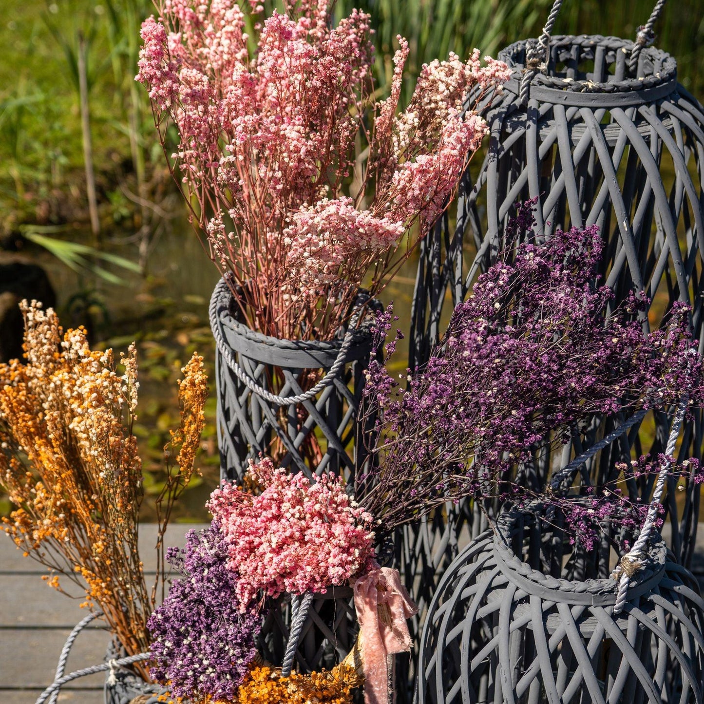 Large Grey Standing Wicker Lantern - Eudemonia Home Goods