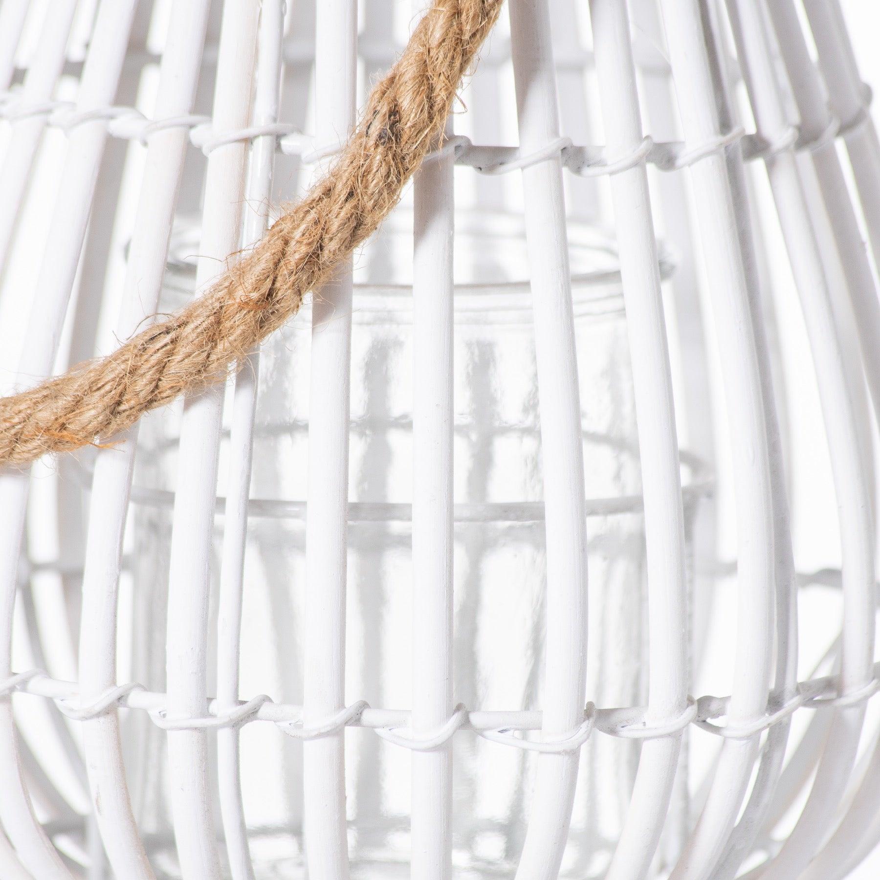 Small Domed White Rattan Lantern With Rope Detail - Eudemonia Home Goods