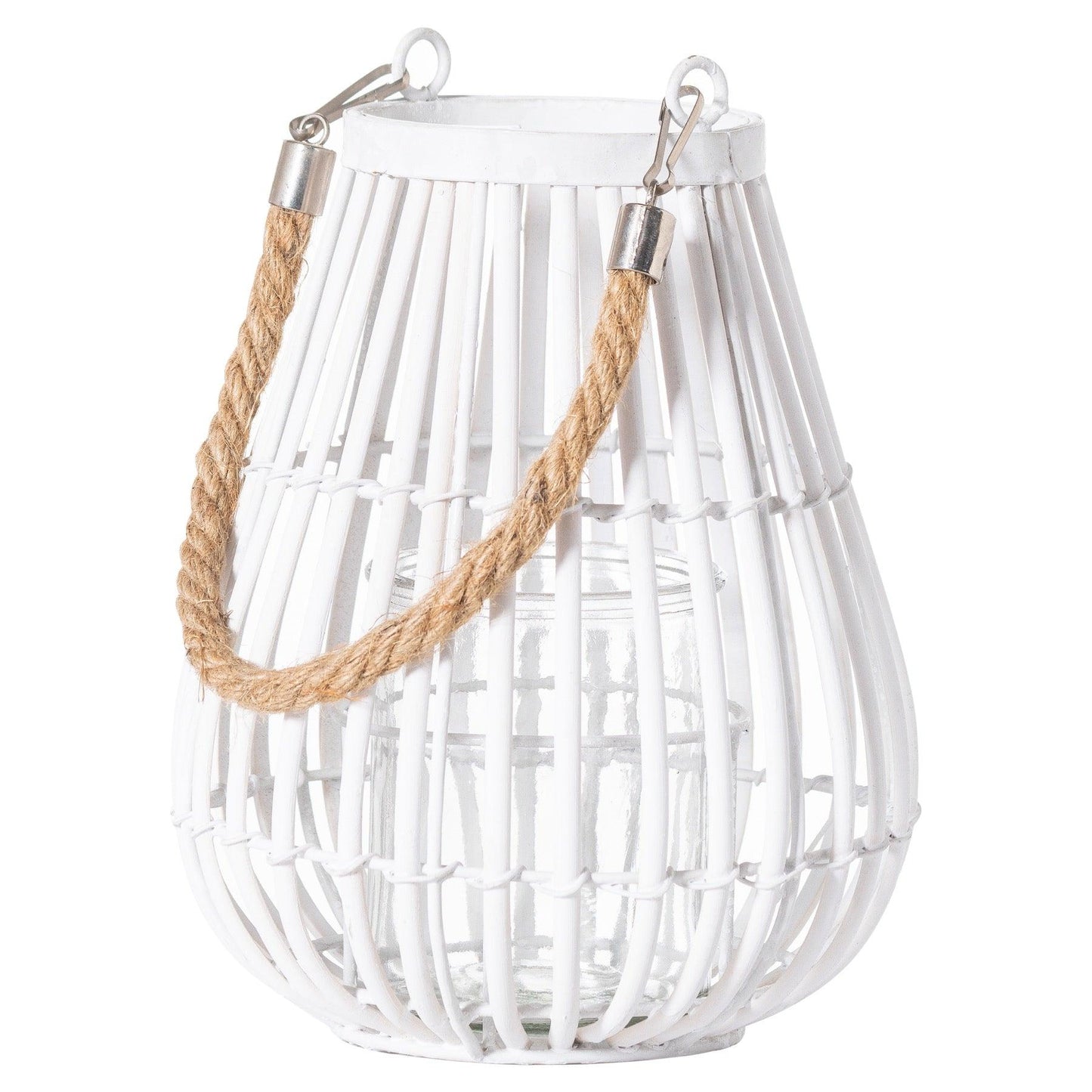 Small Domed White Rattan Lantern With Rope Detail - Eudemonia Home Goods