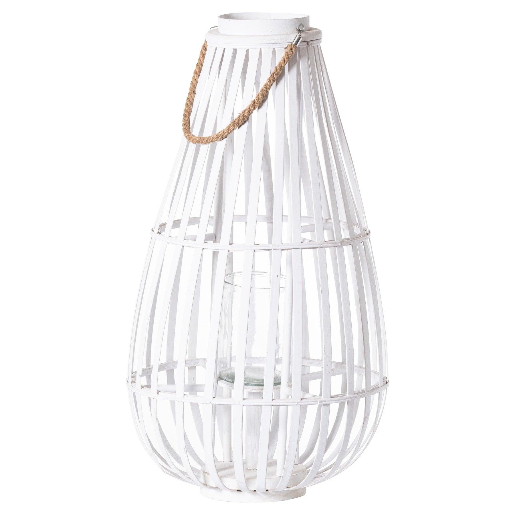 Large White Floor Standing Domed Wicker Lantern With Rope - Eudemonia Home Goods