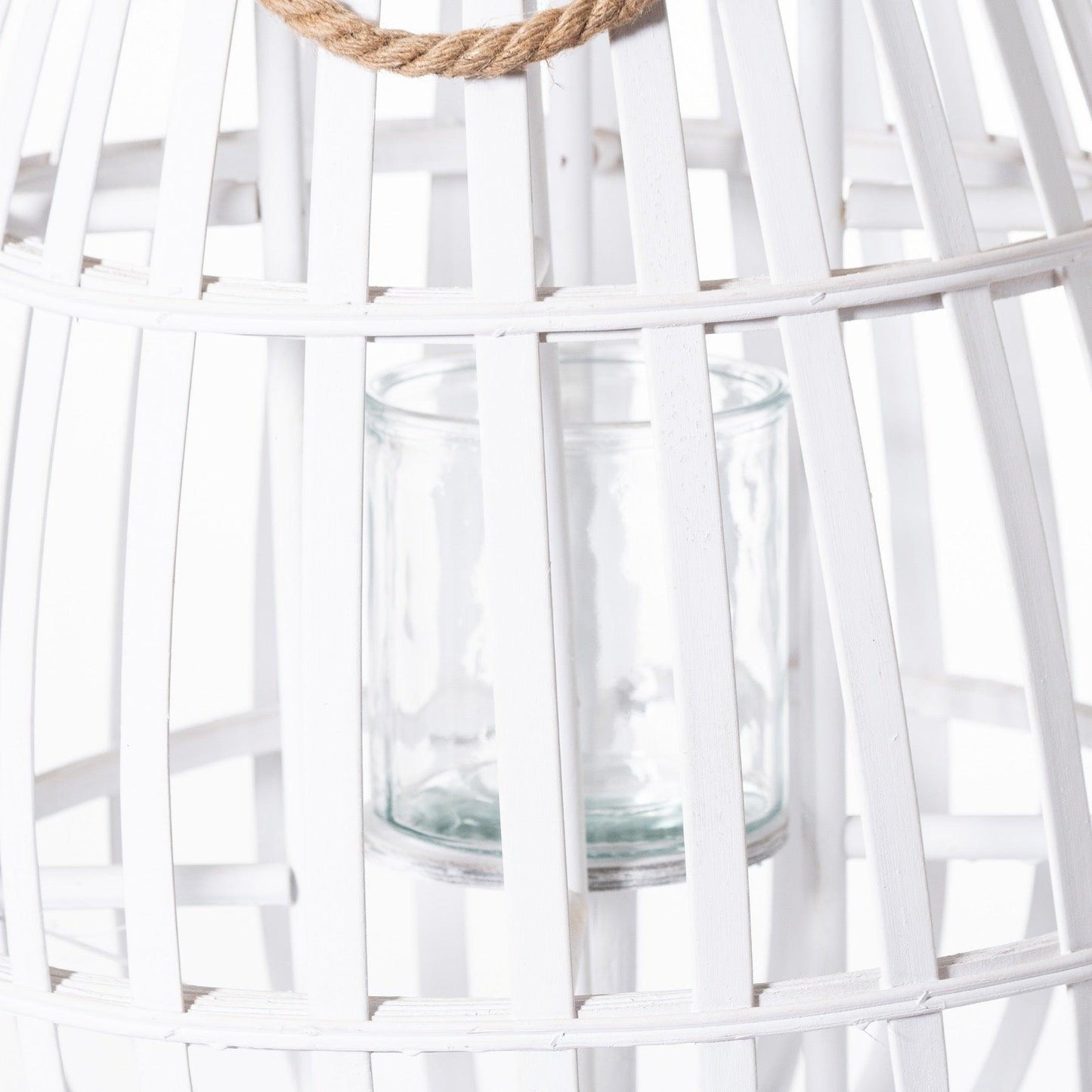 White Floor Standing Domed Wicker Lantern With Rope Detail - Eudemonia Home Goods