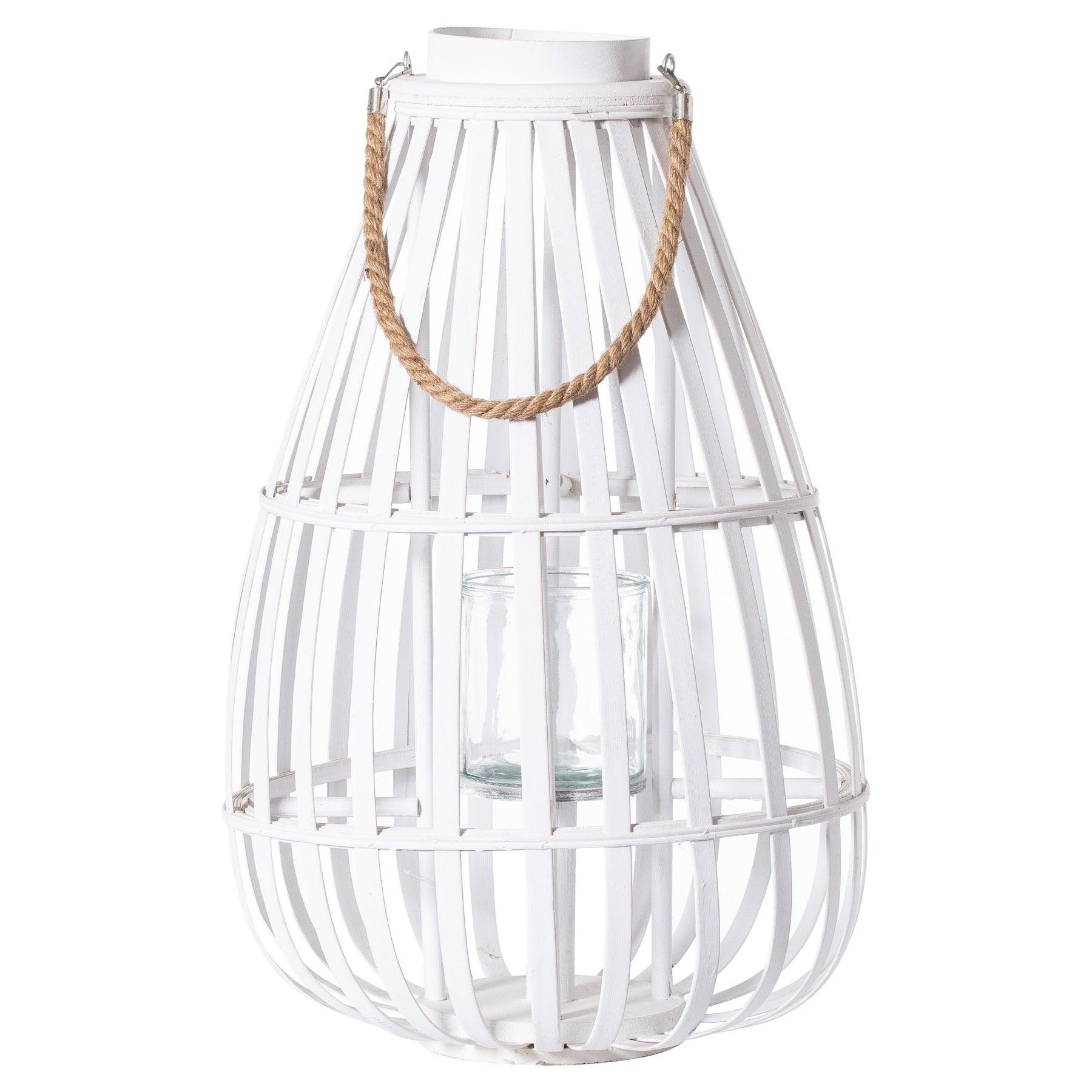 White Floor Standing Domed Wicker Lantern With Rope Detail - Eudemonia Home Goods