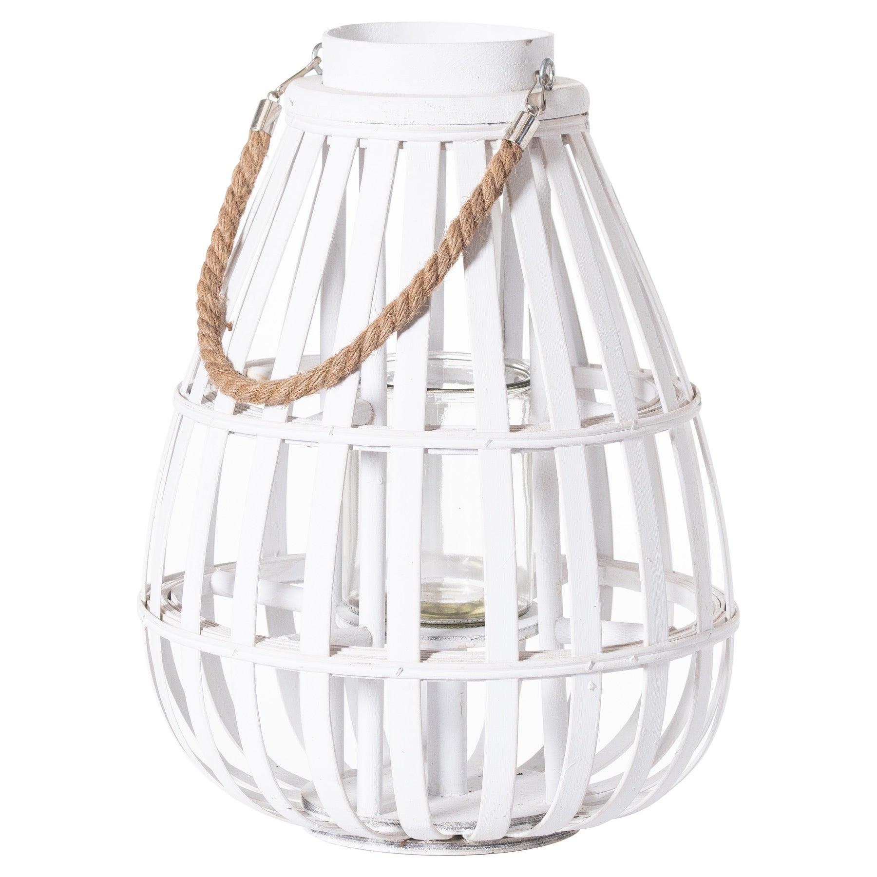 White Domed Wicker Lantern With Rope Detail - Eudemonia Home Goods