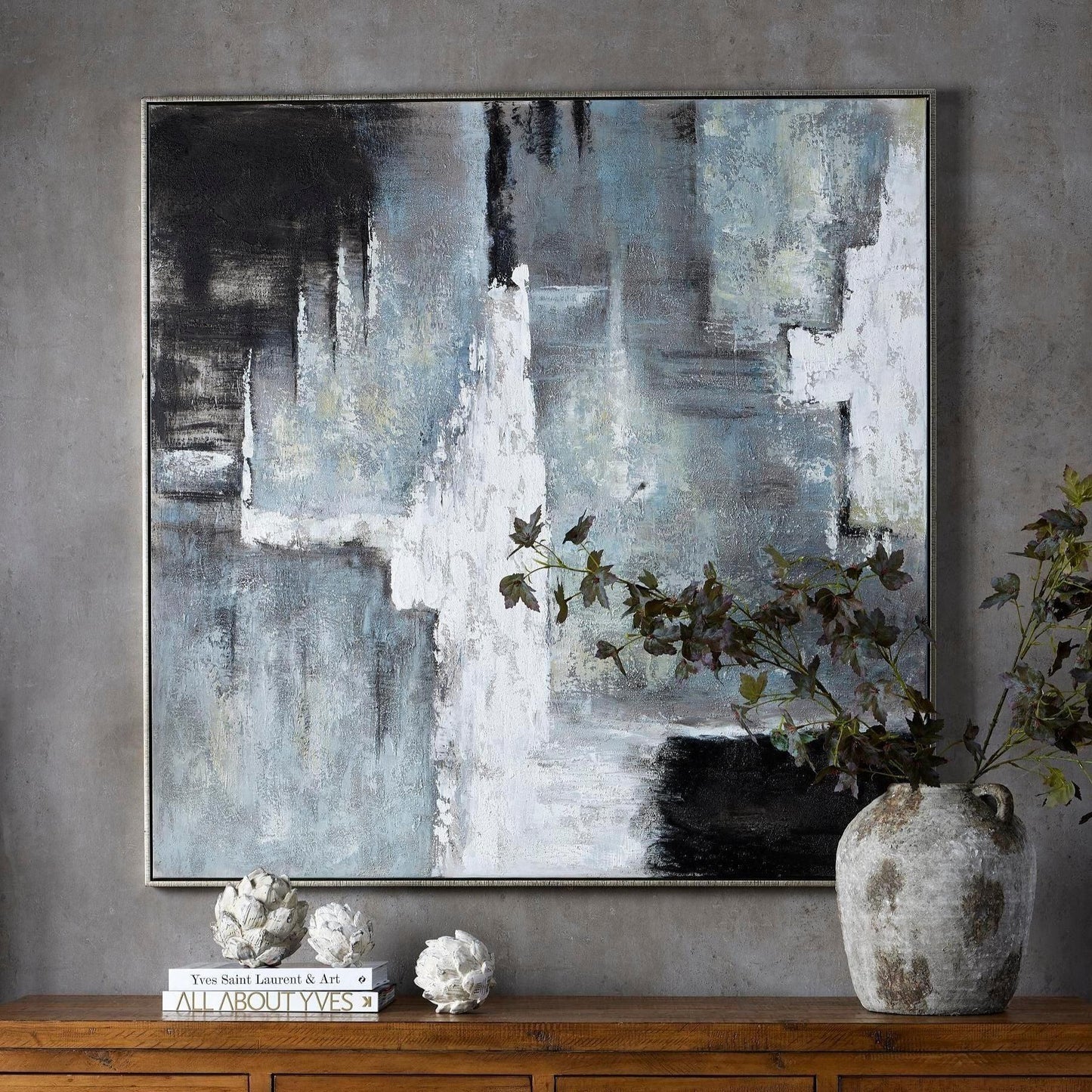 Hand Painted Black And White Layered AbstrACTIVE Painting - Eudemonia Home Goods