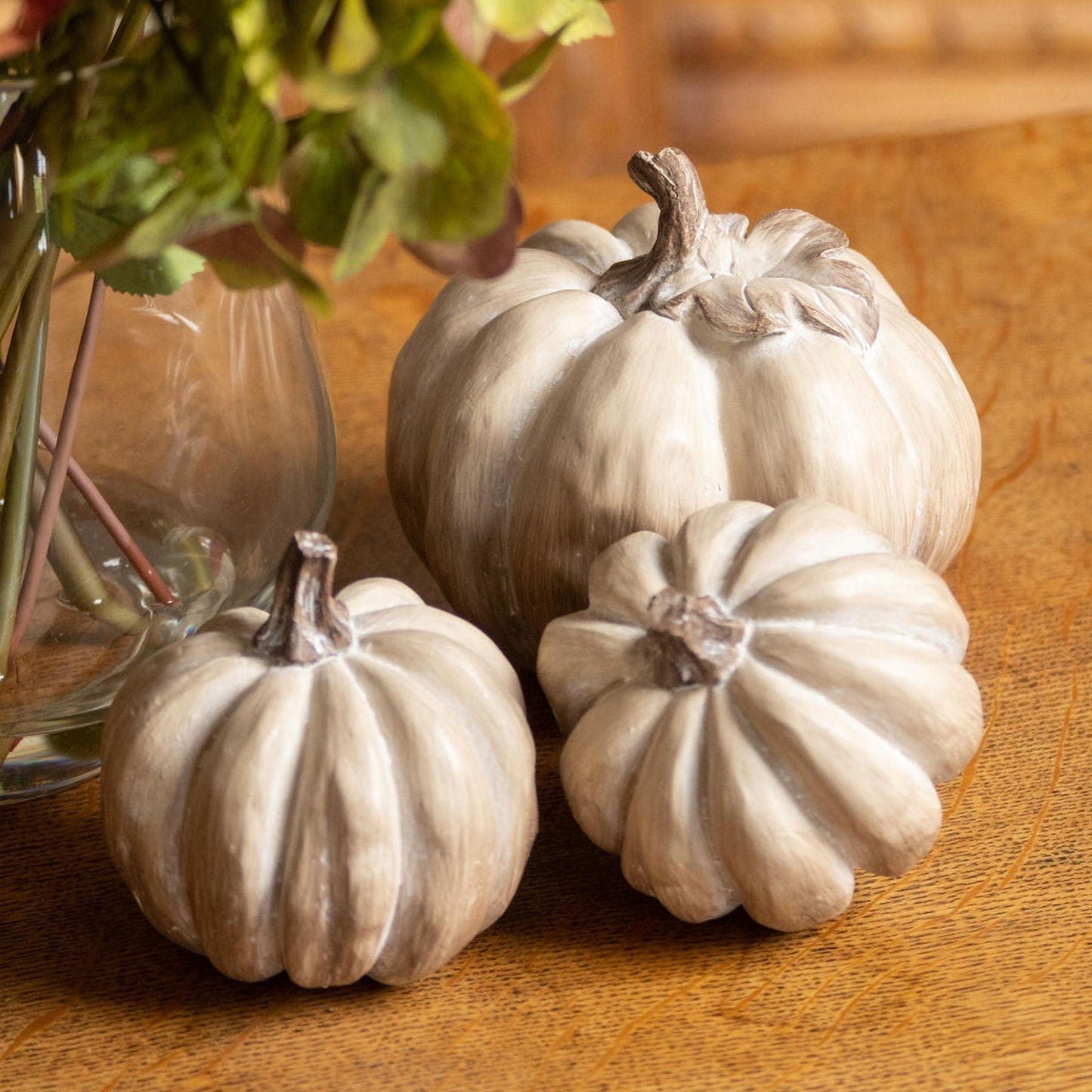 Set Of Three Carved Wood Effect Pumpkins - Eudemonia Home Goods