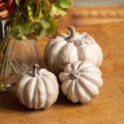 Set Of Six Carved Wood Effect Pumpkins - Eudemonia Home Goods