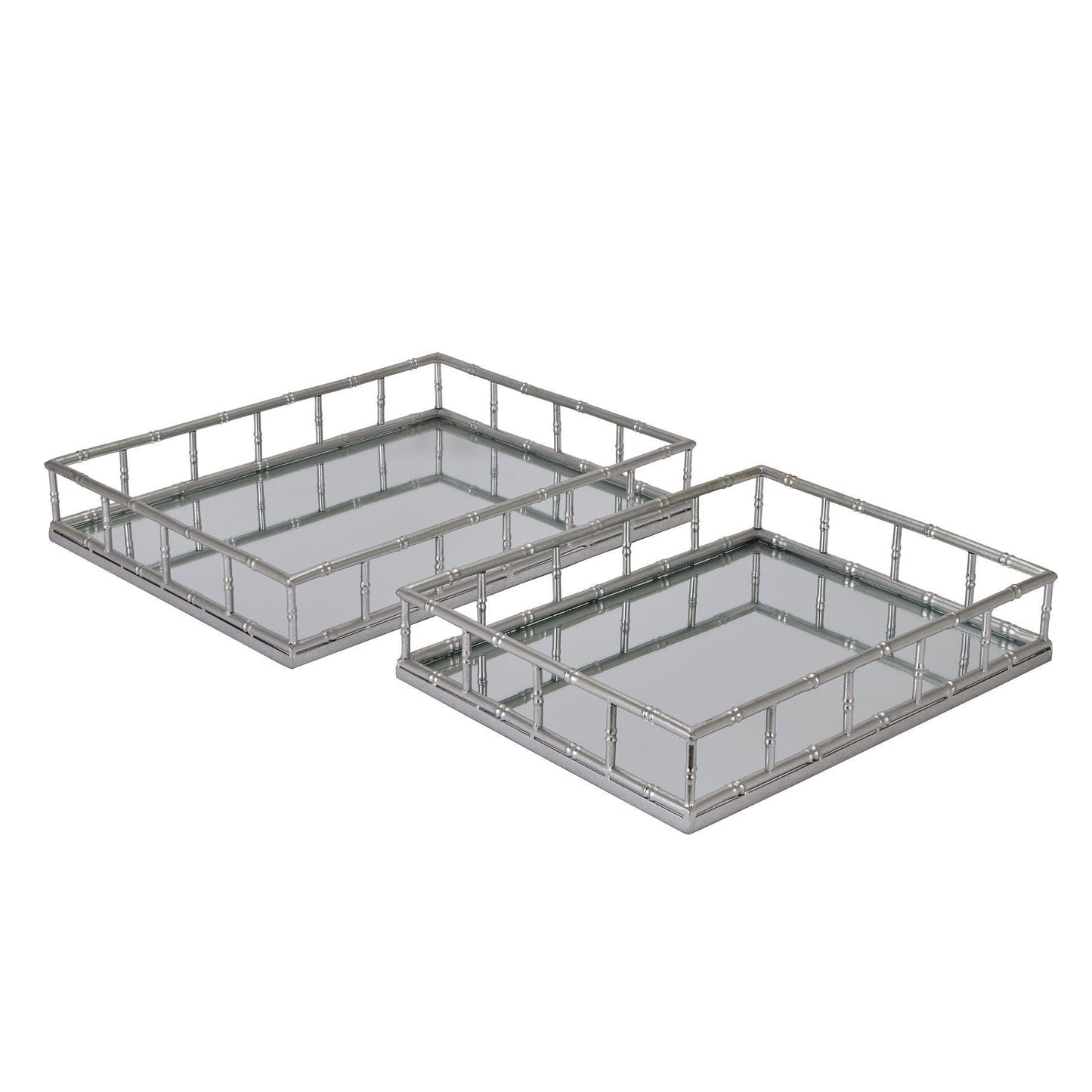 Set Of 2 Detailed Silver Rectangular Trays - Eudemonia Home Goods