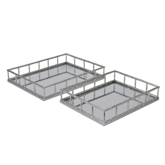 Set Of 2 Detailed Silver Rectangular Trays - Eudemonia Home Goods