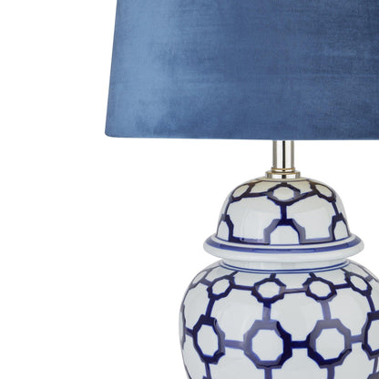 Acanthus Blue And White Ceramic Lamp With Blue Velvet Shade - Eudemonia Home Goods
