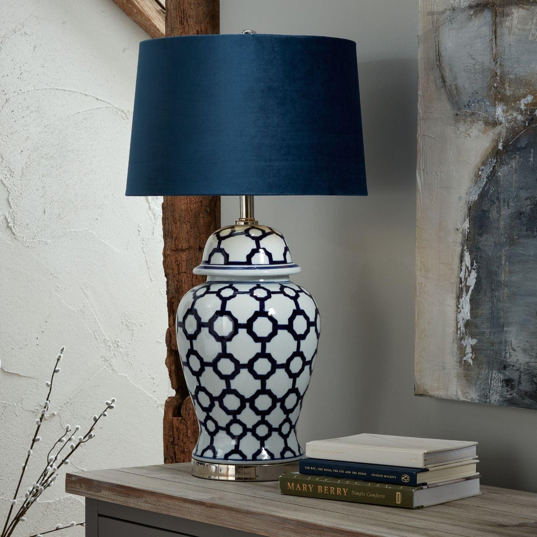 Acanthus Blue And White Ceramic Lamp With Blue Velvet Shade - Eudemonia Home Goods