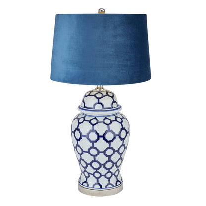 Acanthus Blue And White Ceramic Lamp With Blue Velvet Shade - Eudemonia Home Goods