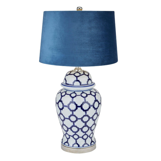 Acanthus Blue And White Ceramic Lamp With Blue Velvet Shade - Eudemonia Home Goods