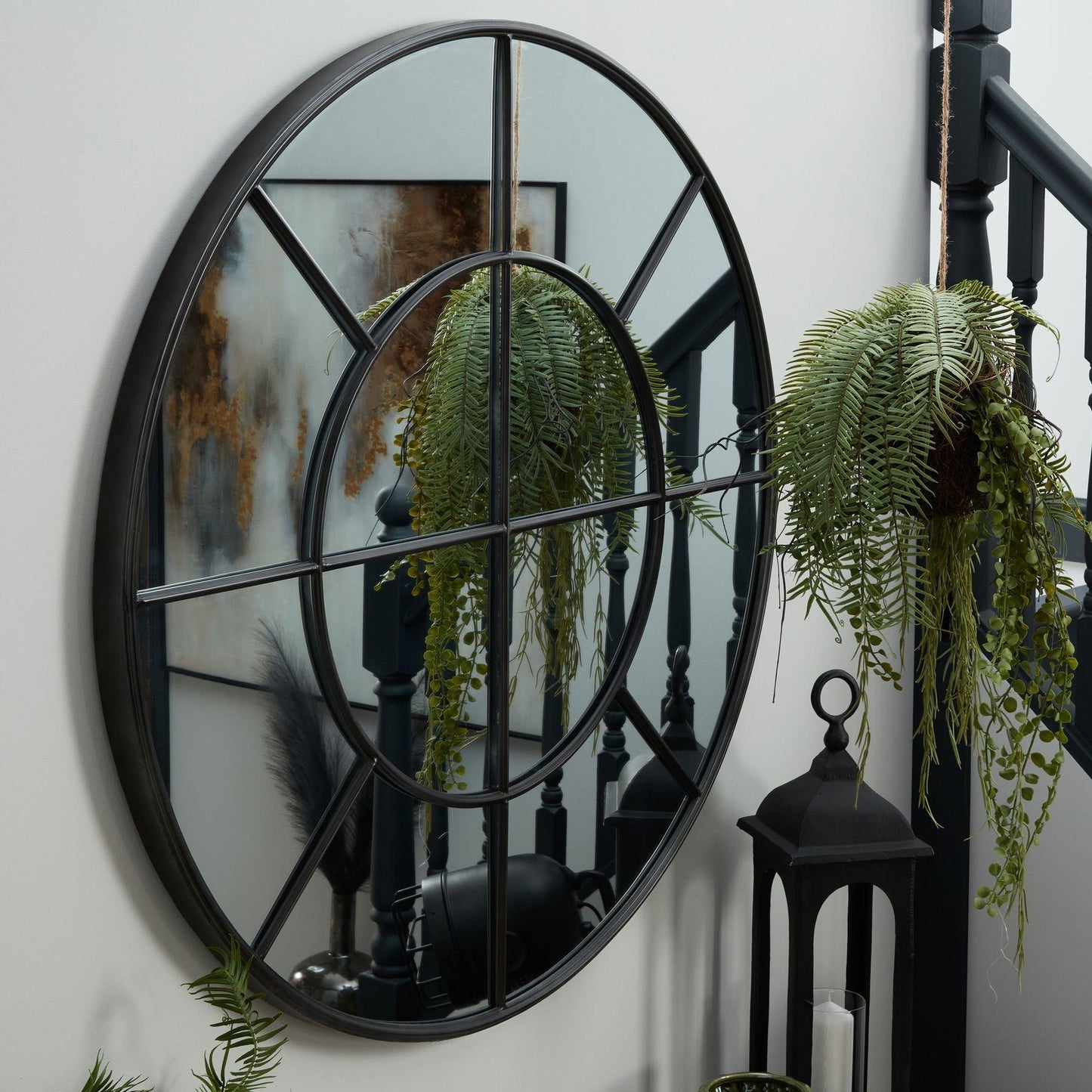 Large Round Metal Window Mirror In Black - Eudemonia Home Goods