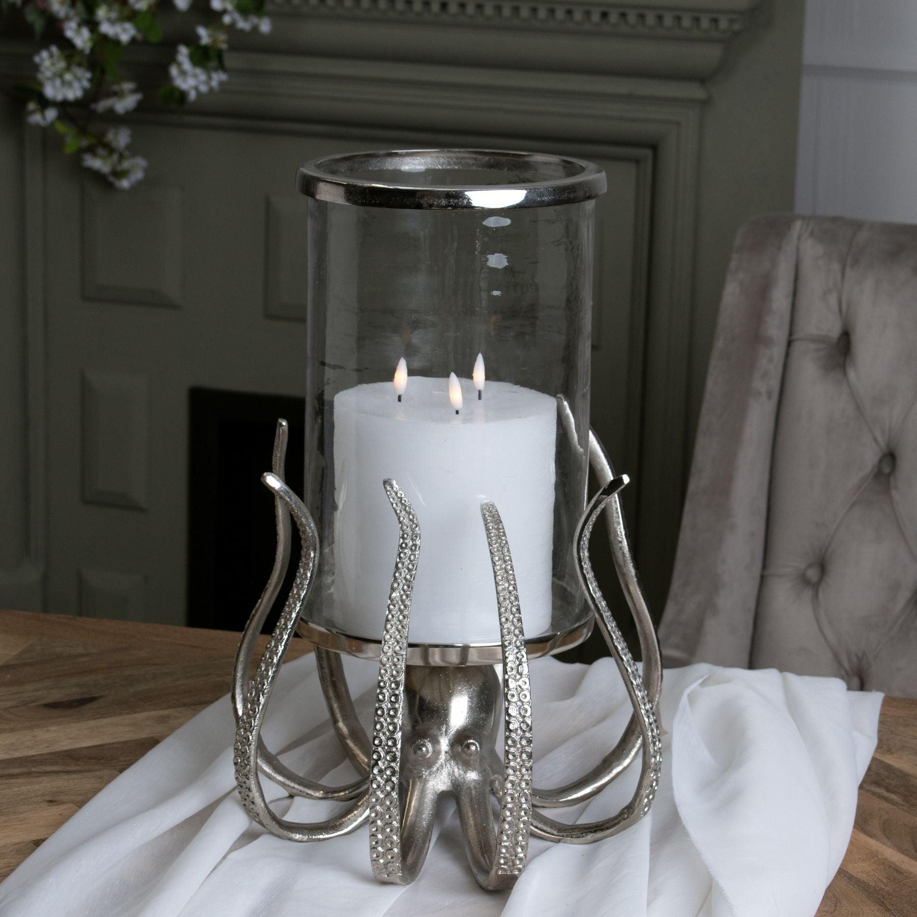 Large Silver Octopus Candle Hurricane Lantern - Eudemonia Home Goods