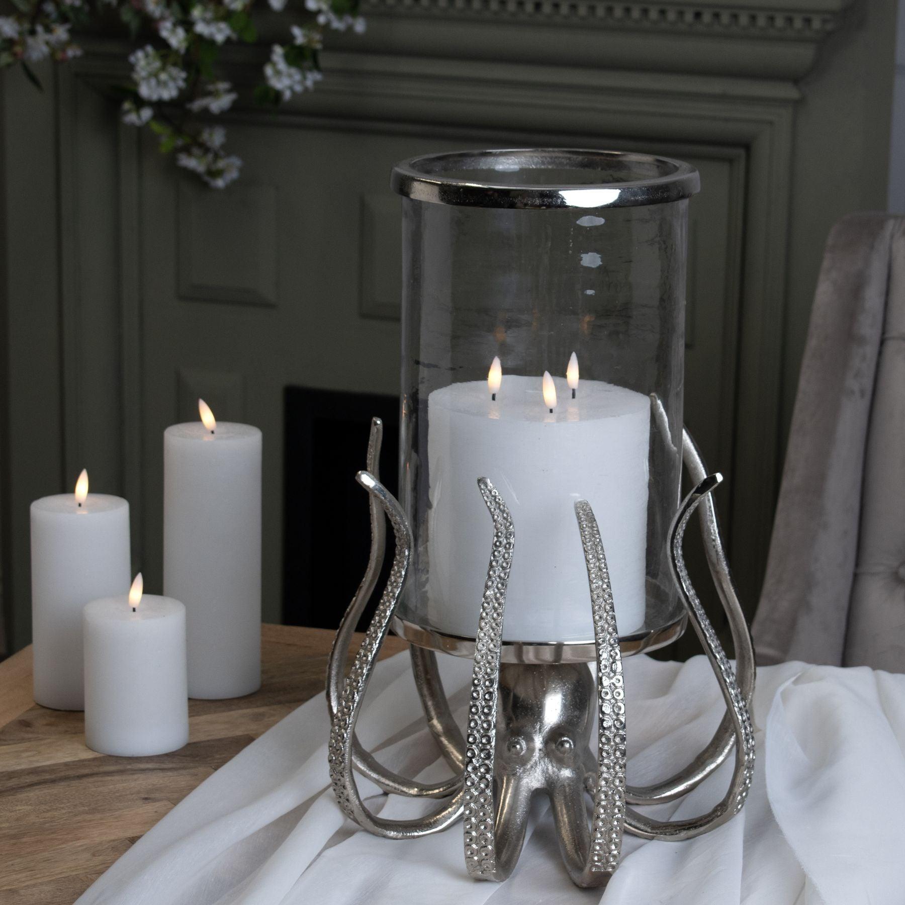 Large Silver Octopus Candle Hurricane Lantern - Eudemonia Home Goods