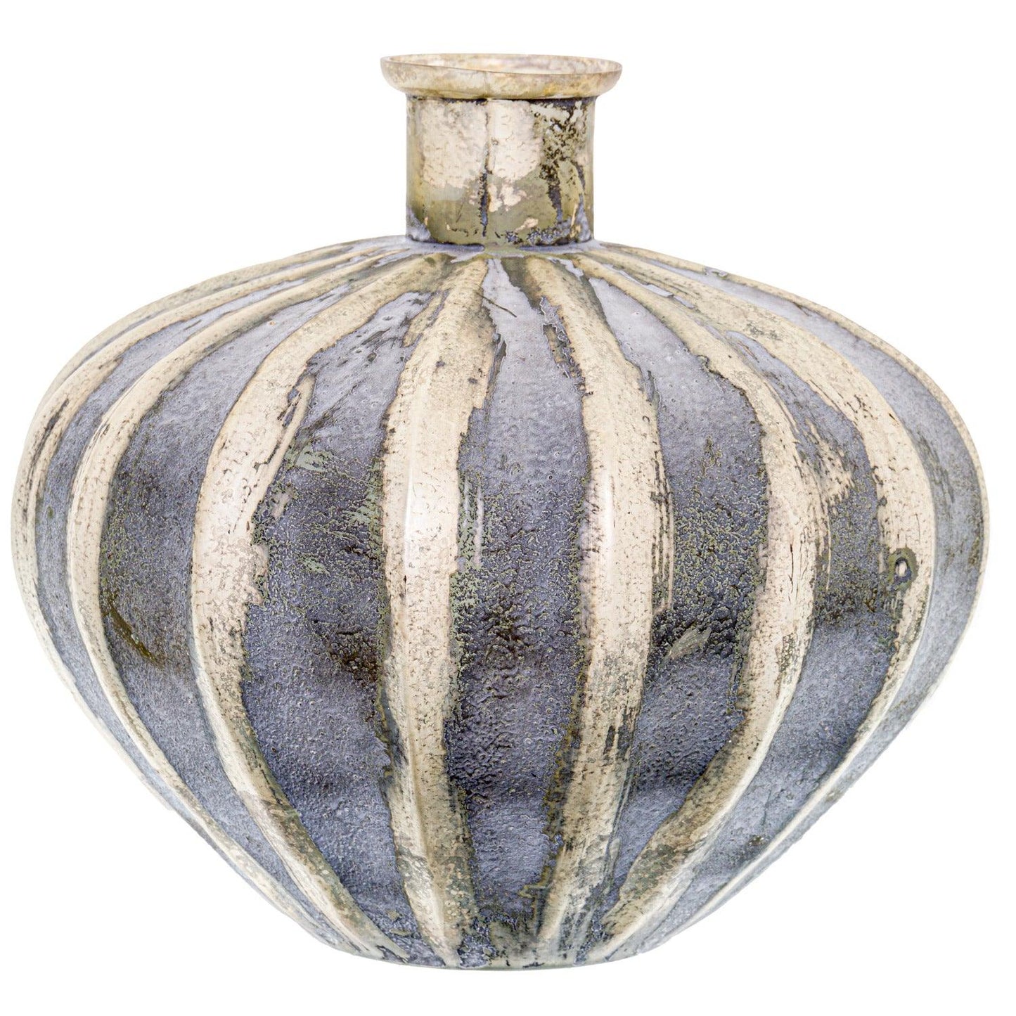 Burnished And Grey Striped Squat Vase - Eudemonia Home Goods