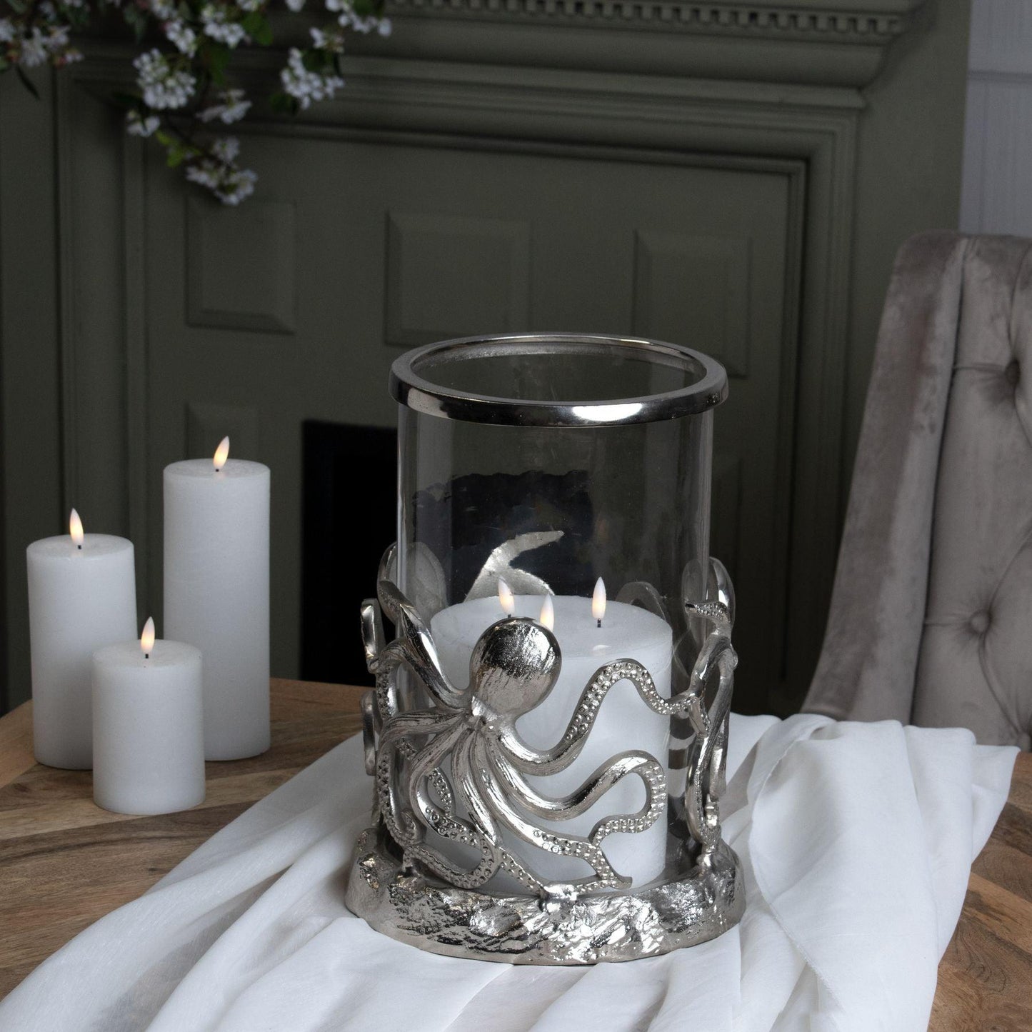 Silver Octopus Candle Hurricane Lantern - Eudemonia Home Goods