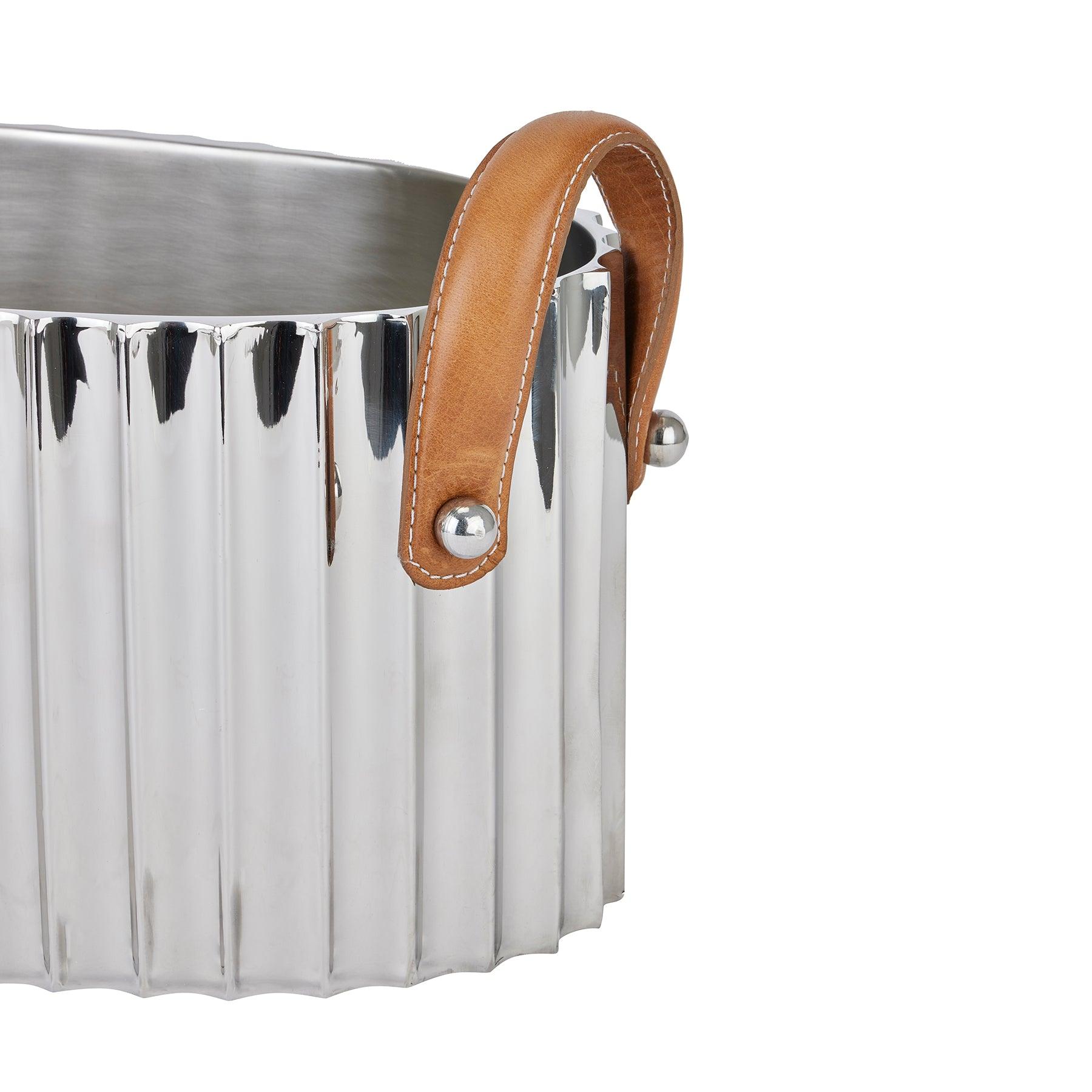Large Silver Fluted Leather Handled Champagne Cooler - Eudemonia Home Goods