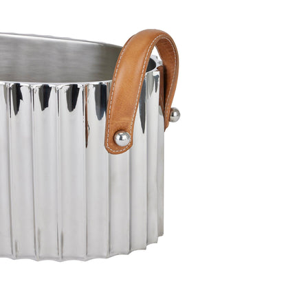 Large Silver Fluted Leather Handled Champagne Cooler - Eudemonia Home Goods