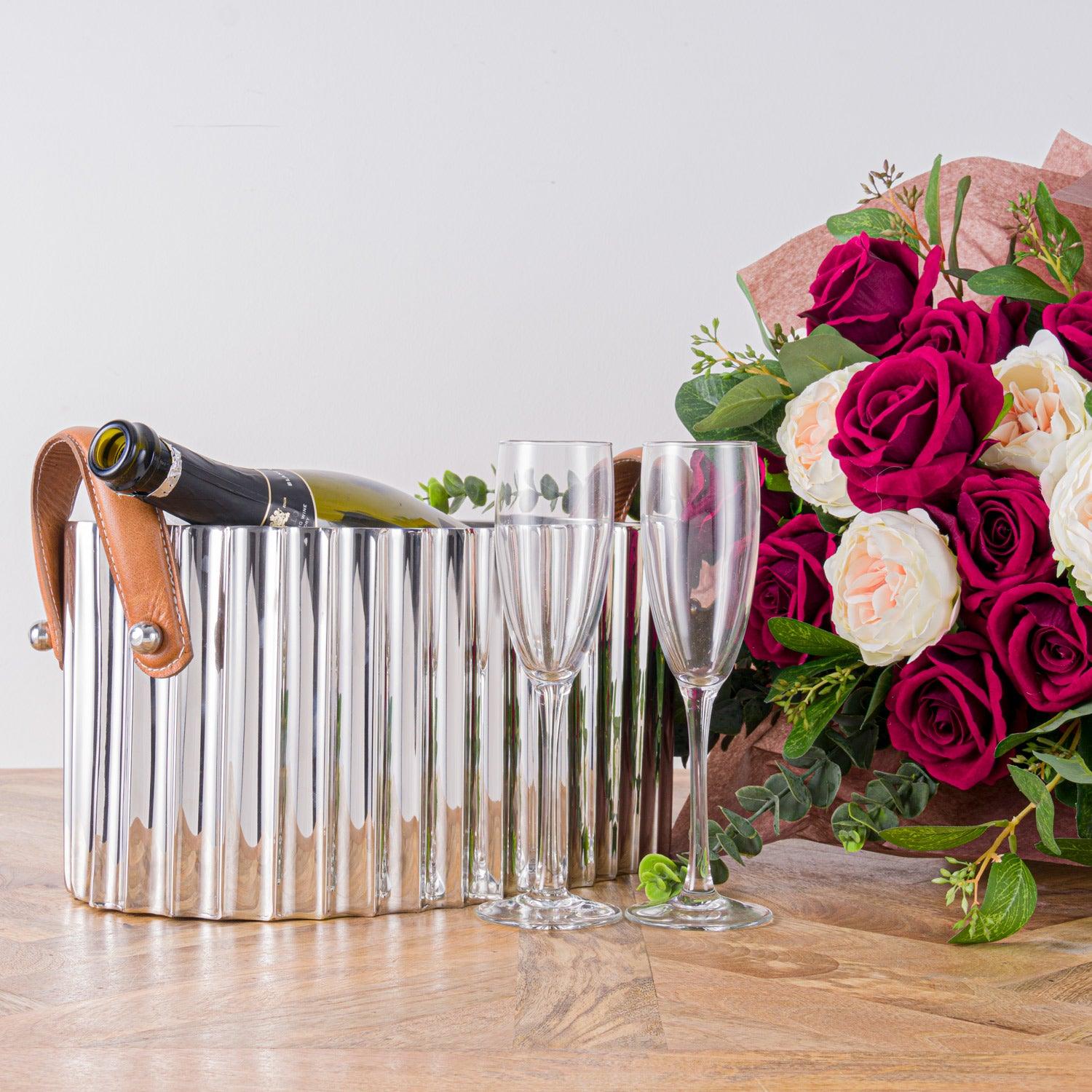 Large Silver Fluted Leather Handled Champagne Cooler - Eudemonia Home Goods