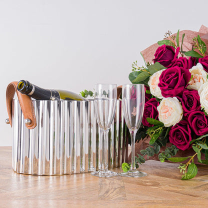 Large Silver Fluted Leather Handled Champagne Cooler - Eudemonia Home Goods