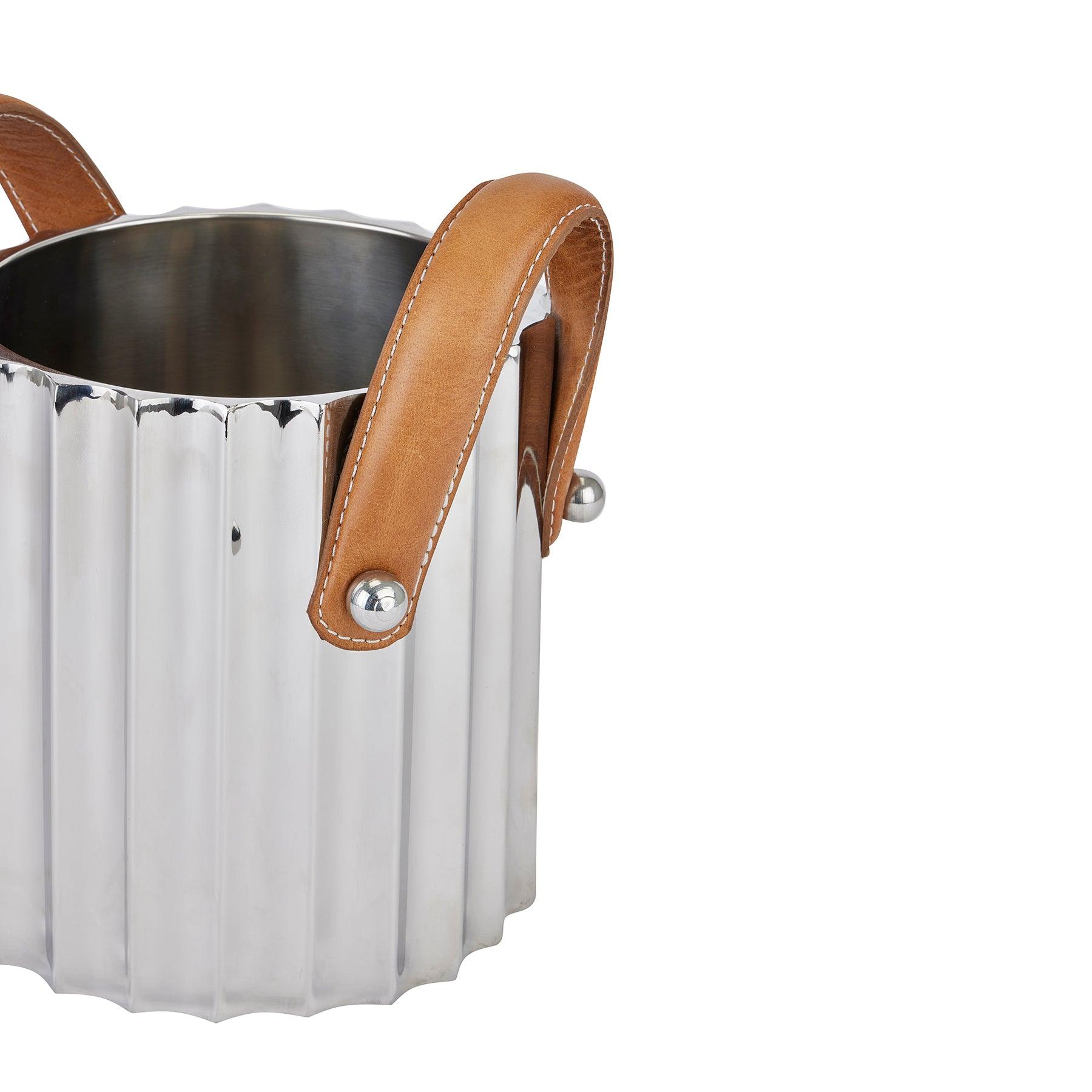 Silver Fluted Leather Handled Single Champagne Cooler - Eudemonia Home Goods