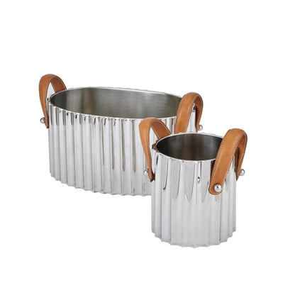Silver Fluted Leather Handled Single Champagne Cooler - Eudemonia Home Goods