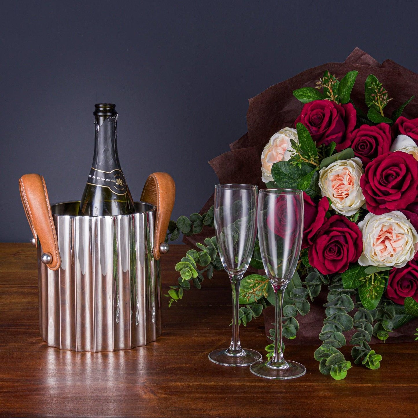 Silver Fluted Leather Handled Single Champagne Cooler - Eudemonia Home Goods