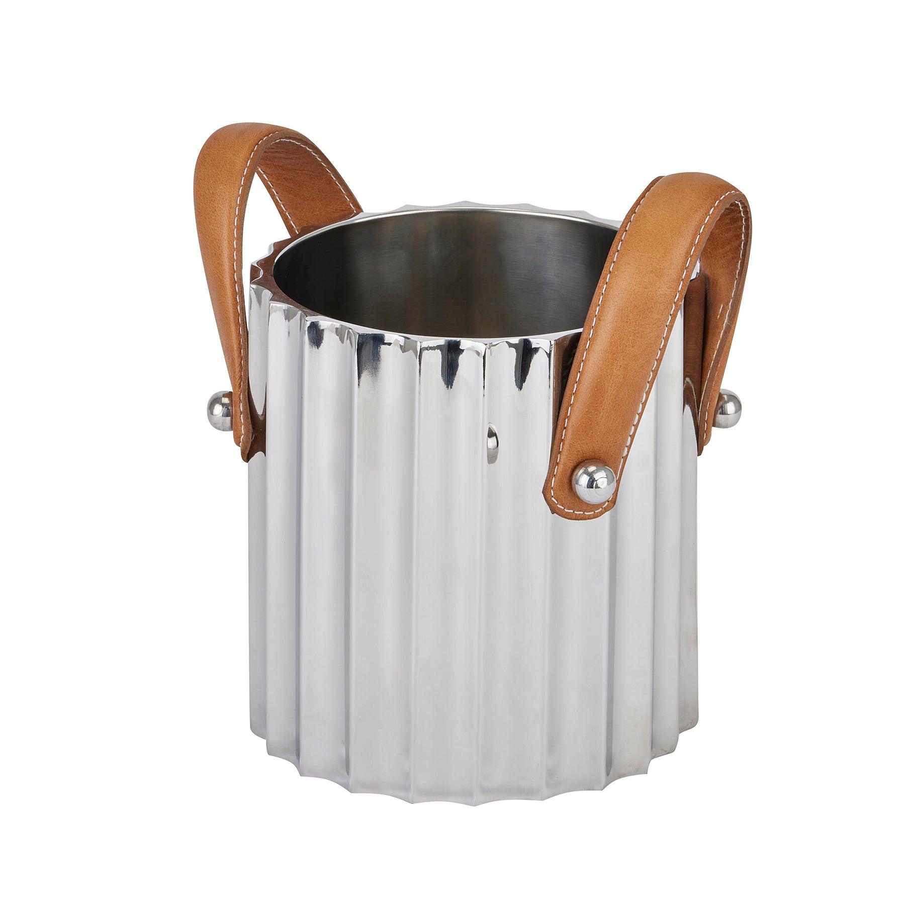 Silver Fluted Leather Handled Single Champagne Cooler - Eudemonia Home Goods