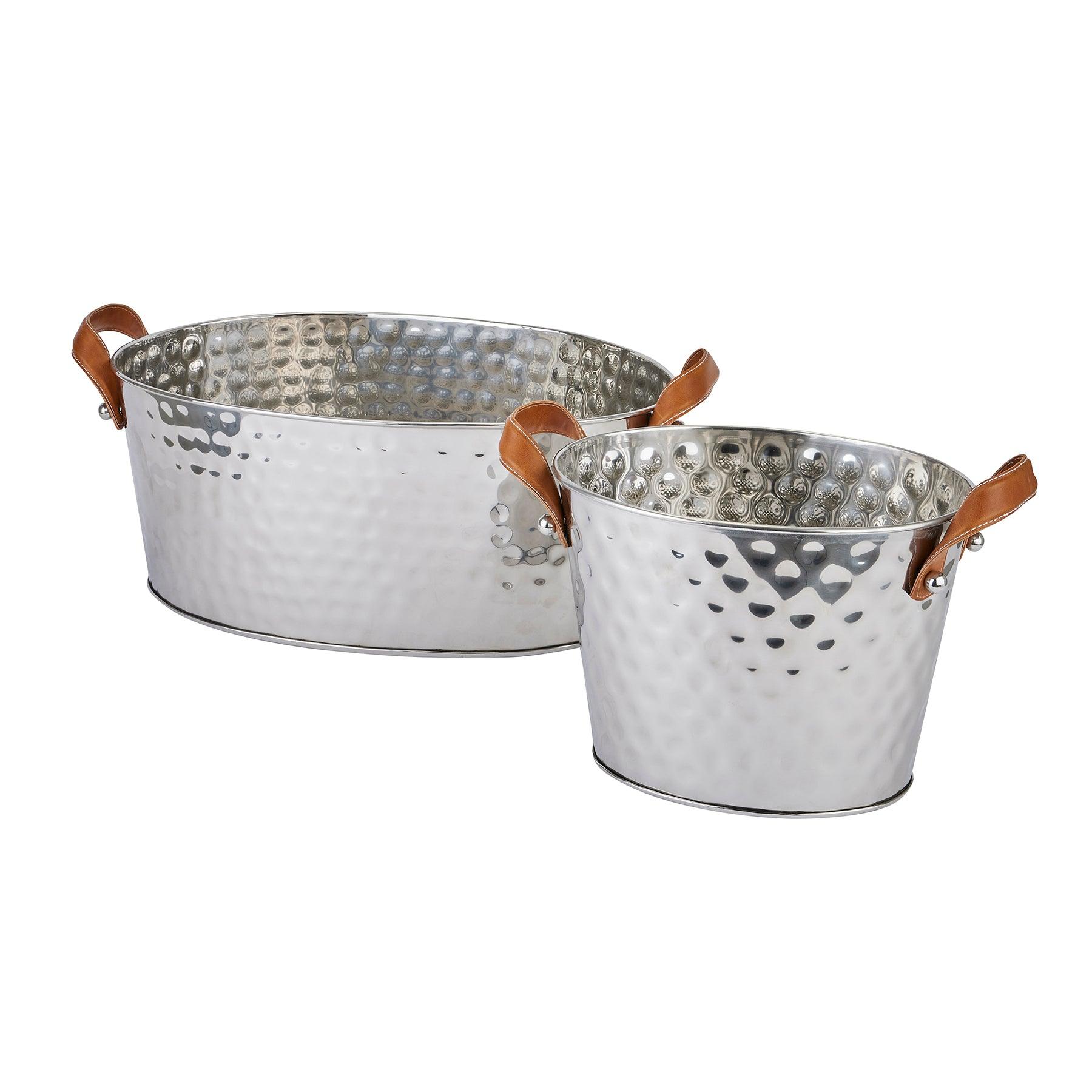 Silver Large Leather Handled Champagne Cooler - Eudemonia Home Goods