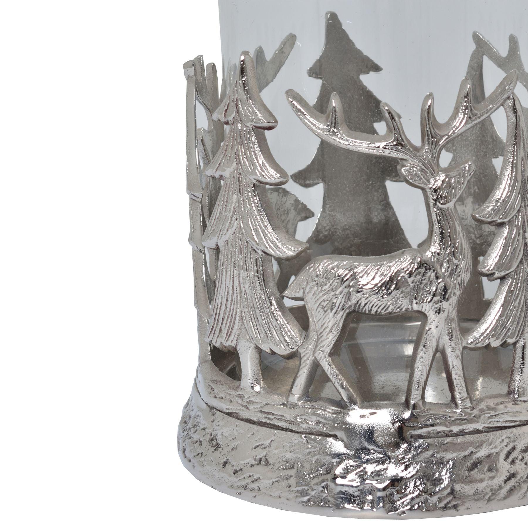 Silver Stag Scene Hurricane Lantern - Eudemonia Home Goods