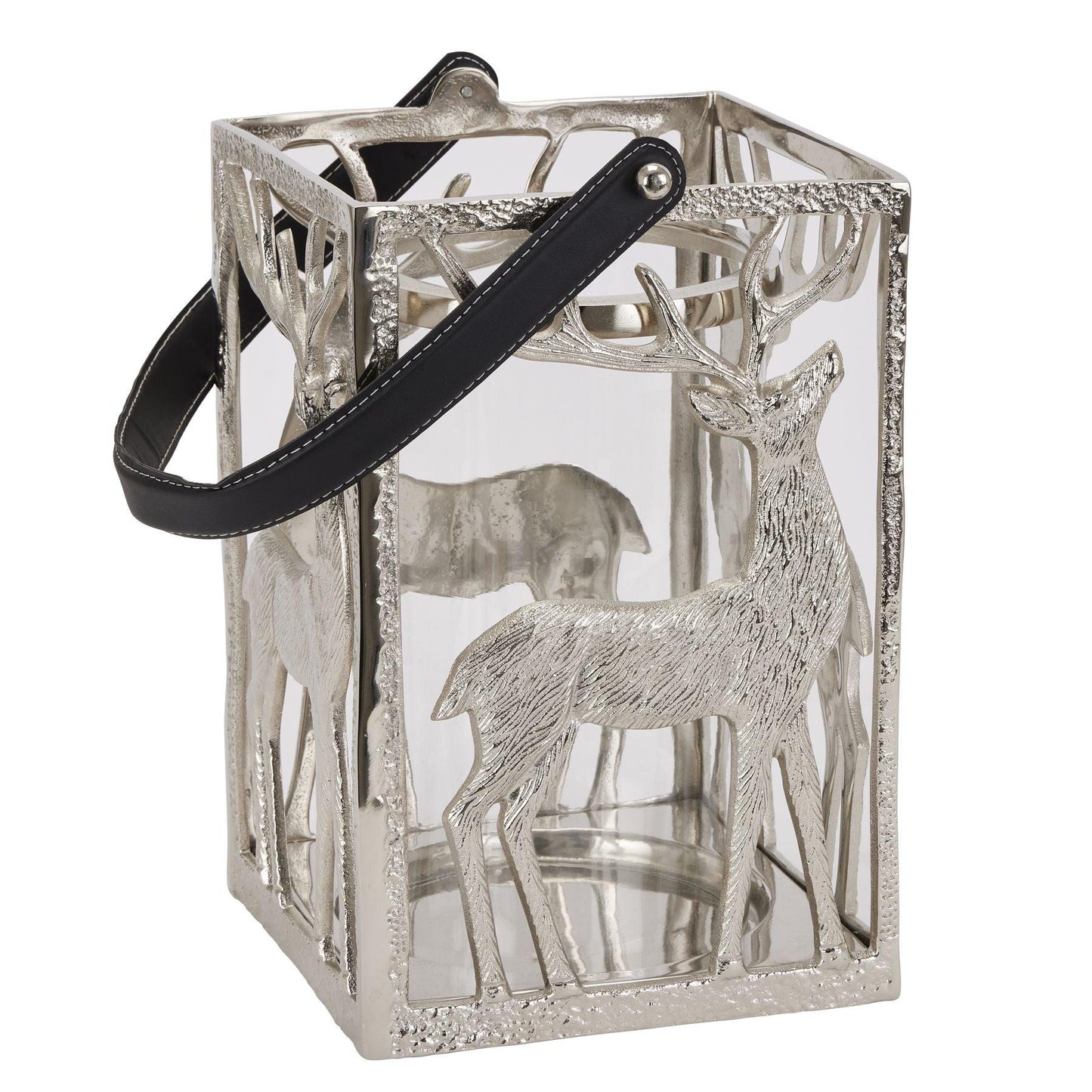 Silver Stag Hurricane Square Lantern With Black Strap - Eudemonia Home Goods