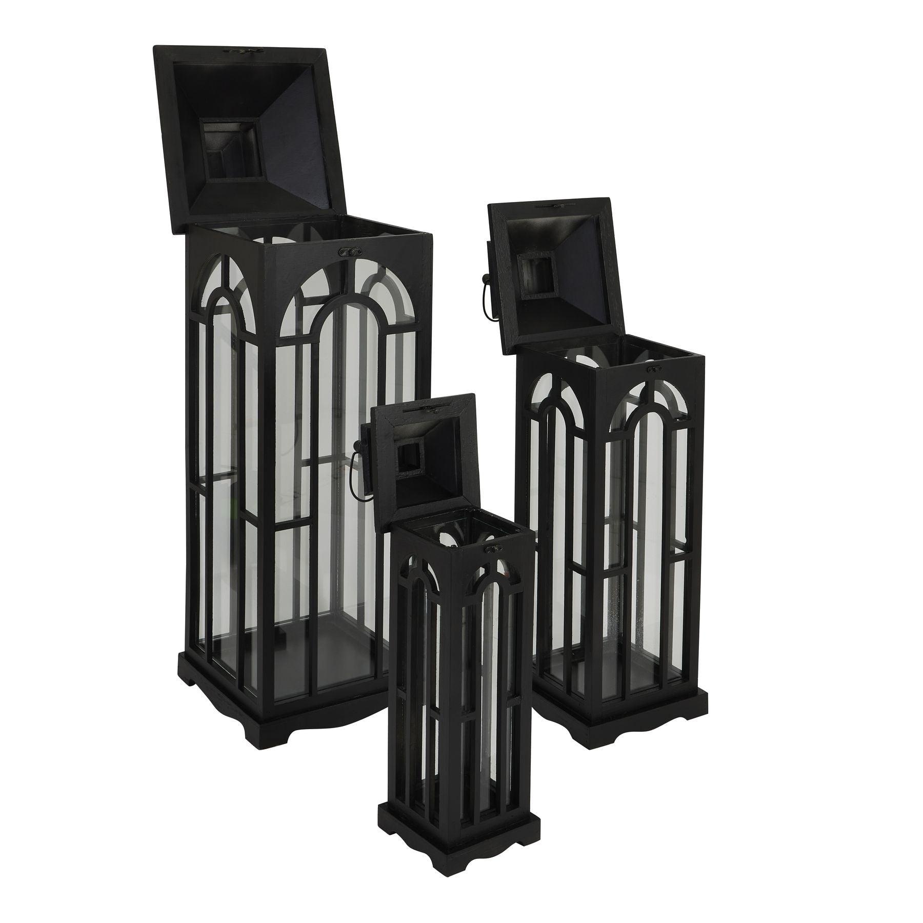 Set Of Three Black Wooden Lanterns With Archway Design - Eudemonia Home Goods