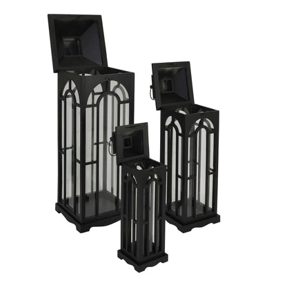 Set Of Three Black Wooden Lanterns With Archway Design - Eudemonia Home Goods