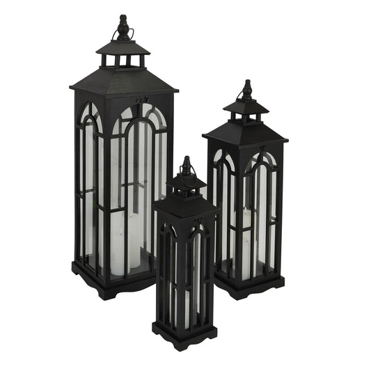 Set Of Three Black Wooden Lanterns With Archway Design - Eudemonia Home Goods