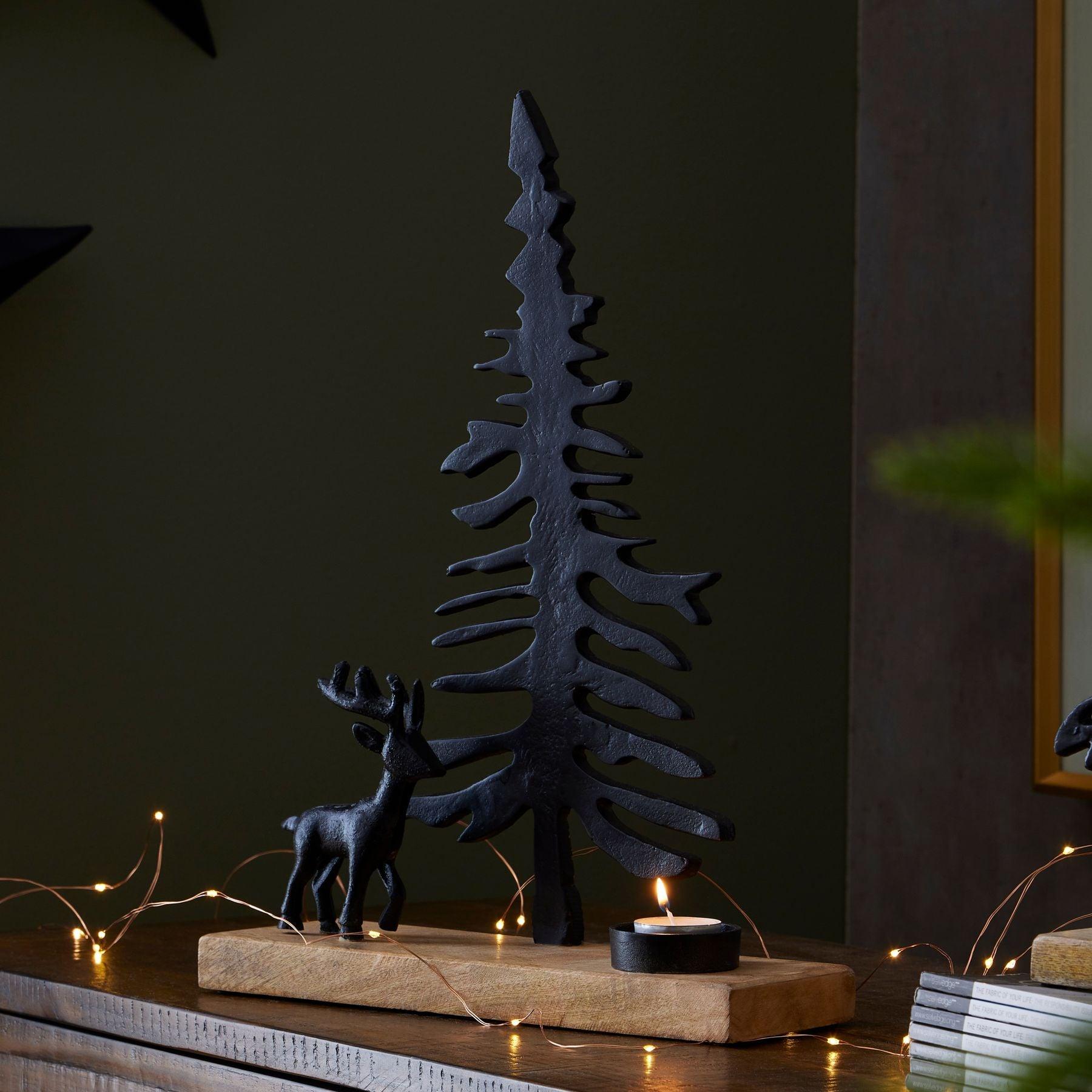 Large Cast Tree And Stag Black Candle Holder Ornament - Eudemonia Home Goods